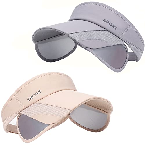 Sun Visor Hat for Women and Men - Retractable Brim Sport Hat, Summer Golf Tennis Running Beach Hat with Ponytail Hole - color: Z-2 Pack Beige Grey