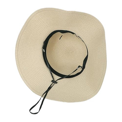 Womens Straw Sun Hat Wide Brim Summer Beach Hat with Beaded Trim Summer Foldable Floppy Hat for Travel Vacation UV Protection - color: Beige
