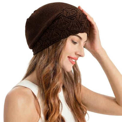 ZLYC Crochet Slouchy Beanie for Women Soft Lightweight Skull Cap - color: Solid Coffee