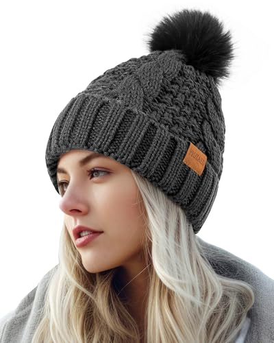 Women's Winter Pompom Beanie Warm and Cozy Knit Hat Fleece Lining Skull Cap for Women - color: Gray