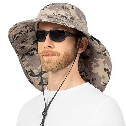 SUN CUBE Wide Brim Sun Hat with Neck Flap for Men Women, UPF50+ Fishing - color: Gray Camo