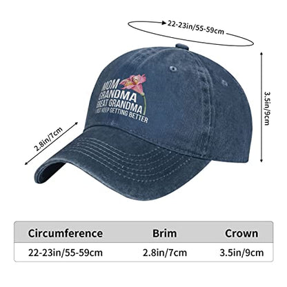 Mom Grandma Great Grandma, I Just Keep Getting Better Hat for Men Dad Hat Graphic Hat - color: Navy Blue