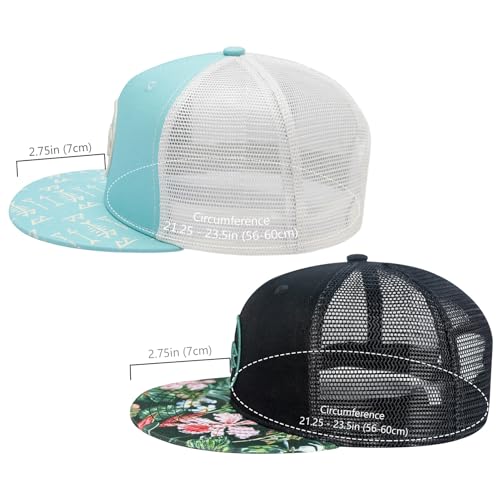 BASSDASH 2 Pack Flat Brim Trucker Cap Adjustable Snapback Hat Mesh Back for Men Women Fishing Hunting - color: Pack of 2, Turquoise & Black/Tropical Flower