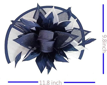ORIDOOR Women Fascinators Derby Church Tea Party Wedding Flower Feathers Headpiece with Headband Clips - color: 02-navy Blue White
