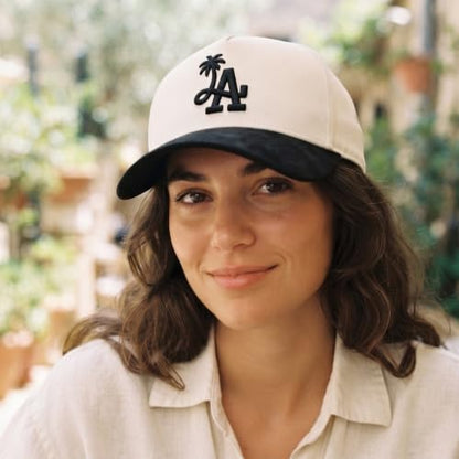 LA Palm Tree Baseball - Premium A-Frame Snapback One Size Fits All Men's and Women's Hat Adjustable Cotton Suede - color: Off White With Black