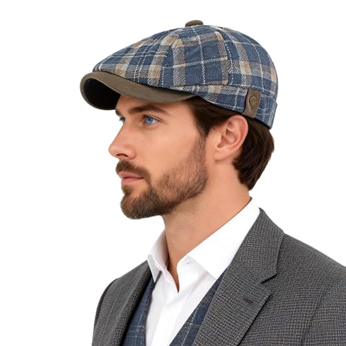 Men's Faux Woolen Tweed Plaid Ivy Cabbie Gatsby Newsboy Golf Paperboy Hat Cap - color: 877blue