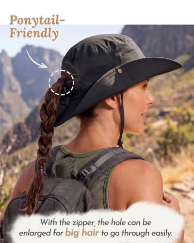 2-in-1 Womens Bucket Sun Hats, Sun Visor Hat, UPF 50+ Wide Brim, Ponytail-Friendly, Packable, Hiking Outdoor - color: Black