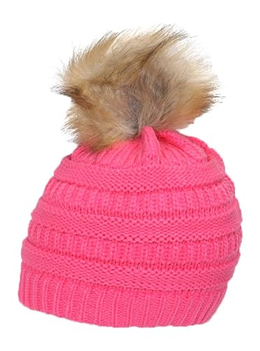 Gravity Threads Cable Knit Faux Fur Pom Pom Beanie Hat - color: New Candy Pink