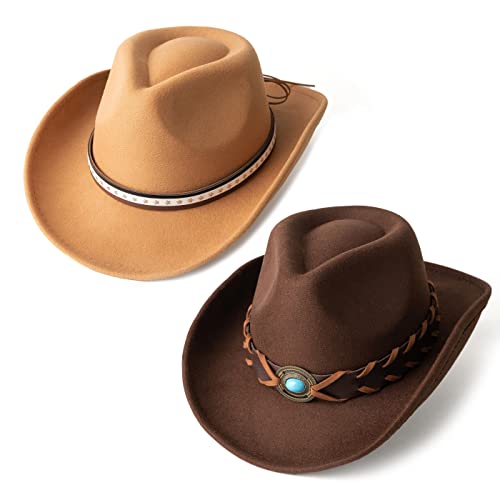 Western Cowboy Hat Felt Wide Brim Women Men Cowgirl Hats - color: Zh Group-coffee+camel