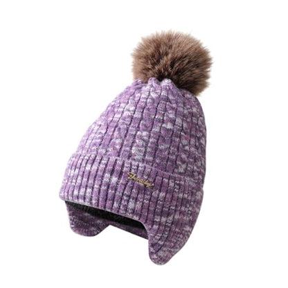 FENELY Women's Knitted Warm Beanie Winter Hat, Warm Chunky Snow Hat with Pompom - color: Purplespacedye