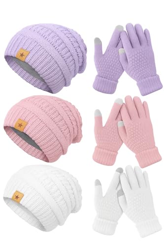 JaGely 6 Pcs Women Winter Beanie Hat Gloves Set Warm Knitted Hats and Touchscreen Gloves Lady Cold Winter Gifts for Christmas - color: White, Pink and Purple