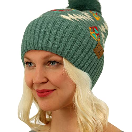 C.C Fur Pom Winter Fall Trendy Chunky Stretchy Cable Knit Beanie Hat - color: Aztec Forest Green