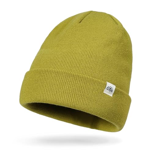 CLAPE Cuff Rolled Beanie for Men Women, Soft Knit Winter Hat Double-Layer Warm Ski Skull Cap Stretch Fit - color: Clkh02-oliveyellow