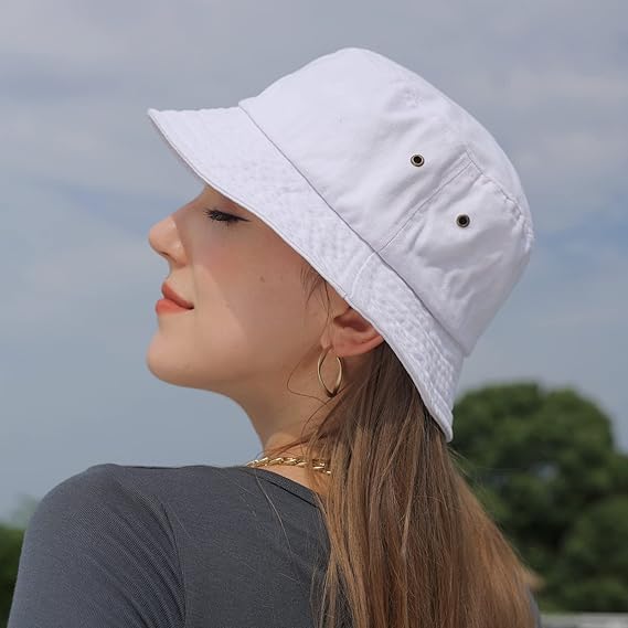 Washed Cotton Bucket Hats Packable Summer Beach Cap for Men Women - color: Ce-bh-khaki-white-red