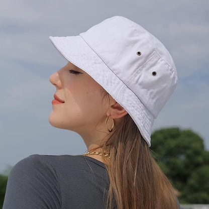 Washed Cotton Bucket Hats Packable Summer Beach Cap for Men Women - color: Ce-bh-khaki-white-red