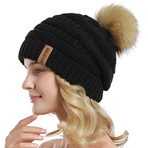 Women Knit Slouchy Beanie Chunky Baggy Hat with Faux Fur Pompom Winter Soft Warm Ski Cap - color: A2-black 2