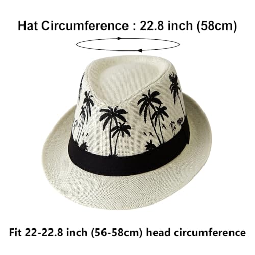 ECYC Ltd Panama Straw Hats Short Brim Fedora Straw Hat Trilby Hat Palm Tree Print Summer Beach Sun Hat Cap for Men Women - color: Beige