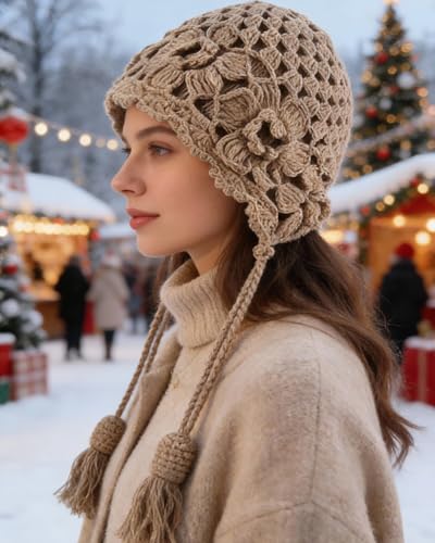 MINGSEECESS Women Girls Knitted Beanie Hat Crochet Braided Knit Warmer Cap Skiing Snowboarding Ear Flap Hats - color: Knitted-khaki