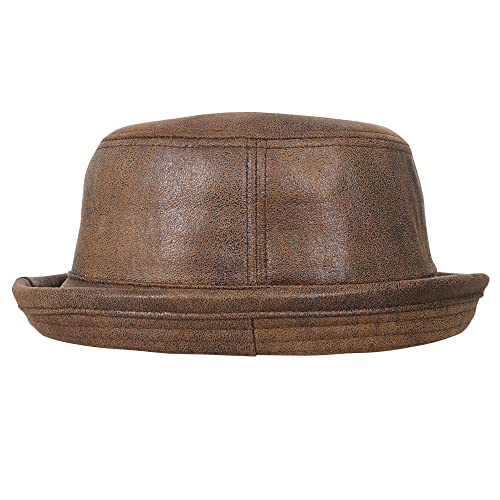 ililily Vintage Faux Leather Short Brim Bucket Hat Flat Top Basic Hat - color: Light Brown, size: Large