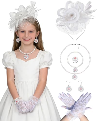 Girls Tea Party Fascinators Hats Girls Church Hats 20s 50s Pillbox Hat Cocktail Mesh Flower Pearl Feather Headband - color: White