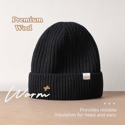Hat Hut Wool Beanie Satin Lined Winter Hats Slouchy Beanie with Silk Lining Warm Wool Knit Ski Hat Cuffed Cap Women Men - color: Black