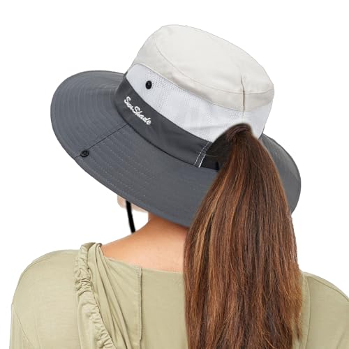 Sun Hat for Women Summer UV Protection Beach Hat with Ponytail Hole - color: Beige Grey(with Ponytail Hole)