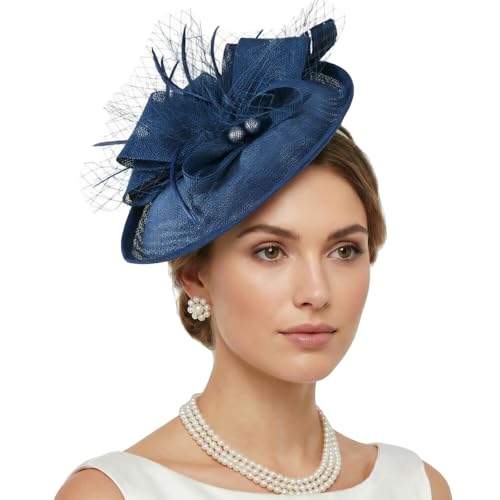 DRESHOW Fascinators Hats for Women Tea Party Hat Vintage Derby Pillbox Kentucky Hat Church Cocktail Headwear - color: 9.5" Diameter / Navy Blue