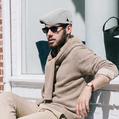 meioro Men's Cotton Newsboy Hat Striped Texture Adjustable Flat Cap - color: Grey