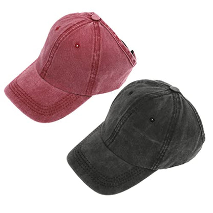 2 Pack Backless Cap for Women Natural Curly Hair Hat Baseball Cap Afro Puff Ponytail Hat - color: Black+red