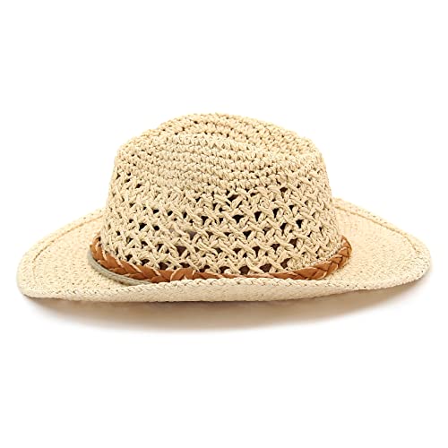 GEMVIE Baby Toddler Kids Sun Straw Western Cowboy Hat Wide Brim with Chin Strap - color: Beige