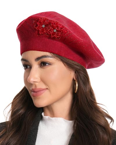 Flower Embroidery Beret Hat for Women, French Style Knitted Beret Hats, Stylish Solid Color Beret Cap for Women Girls Lady - color: 2 Flowers Red