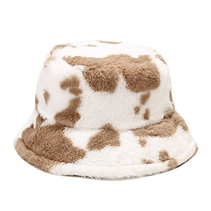 Dirholl Women's Winter Faux Fur Fuzzy Warm Bucket Hat - color: Cow Pattern Khaki