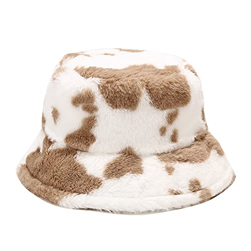Dirholl Women's Winter Faux Fur Fuzzy Warm Bucket Hat - color: Cow Pattern Khaki