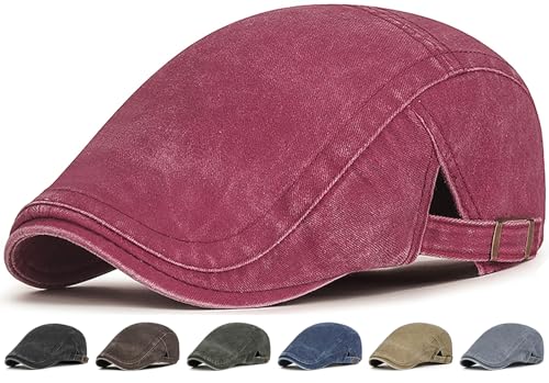 Initlove Mens Newsboy Cap Washed Beret Ivy Hat Flat Hats for Cabbie Driving - color: Wine Red