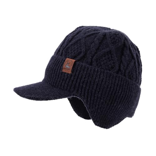 Winter Beanie with Brim Thick Fleece Knit Hat Short Brim Newsboy Hats Warm Earflaps Slouchy Skull Ski Caps - color: Mg-hem25107-blue