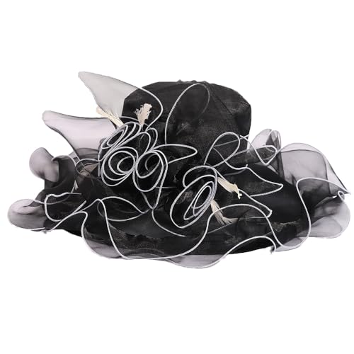 Women Party Church Derby Top Hats Organza Sun Visor Cap Ladies Flowers Fascinators Big Wide Brim Fedoras - color: Black 8