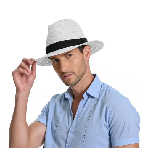 Sun Hat Straw Fedora Hats for Men Women Beach Hat Panama Hat Men Wide Brim Summer Hats UPF80+ - color: White, size: Medium