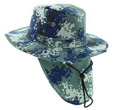 Wide Brim Outdoor Safari Summer Sun Hat with Neck Flap - color: Blue Digital Camo, size: Medium