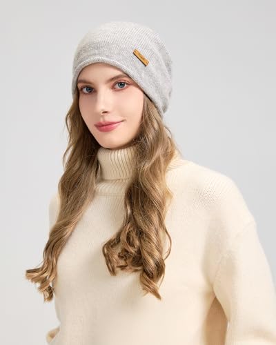 100% Merino Wool Slouchy Beanie Hat, Women Warm Winter Caps Soft, Ladies Breathable & Cozy Stretchy Knitted Skull Cap - color: Light Gray