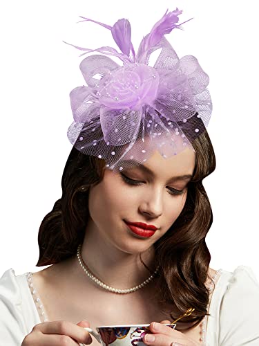 Fascinators Hat for Women Tea Party Headband Kentucky Derby Wedding Flower Cocktail Mesh Feathers Hair Clip - color: 1-lavender Set