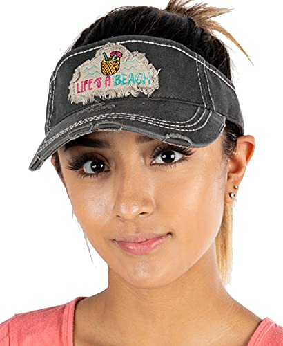 Funky Junque Womens Sun Visor, Adjustable Moisture Wicking Golf Cap - color: Life's a Beach - Black