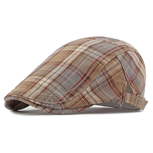 Summer Tartan Plaid Newsboy Cap Adjustable Cotton Gatsby Cabbie Outdoor Sun Flat Hat - color: Khaki