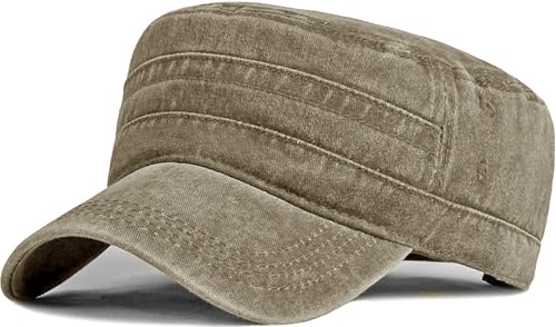 Cadet Army Cap Washed Military Army Hat Vintage Flat Top Hat for Women Men - color: Beige