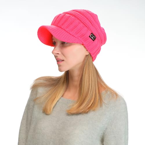 C.C Trendy Warm Oversized Chunky Soft Oversized Ribbed Slouchy Knit Hat with Visor Brim - color: Candy Pink