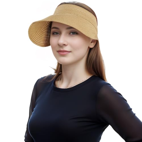 Straw Sun Visors Womens, Ponytail Beach Straw Visor, Packable Summer Sun Hats for Women Travel - color: Khaki