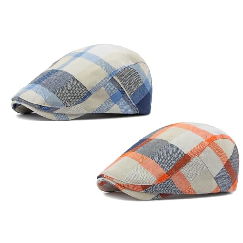 Men's Plaid Striped Newsboy Ivy Flat Driving Golf Cap - color: Orangeblue