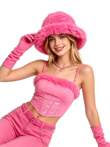 Lina & Lily Oversized Winter Faux Fur Bucket Hat for Women - Long Pile Fur Wide Moldable Brim - color: Hot Pink