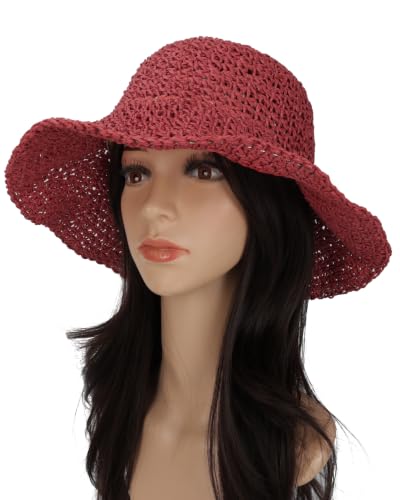 Womens Crochet Straw Sun Hat Foldable Floppy Wide Brim Beach Hat for Summer - color: Dark Red