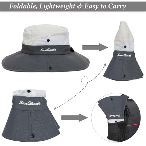 Sun Hat for Women Summer UV Protection Beach Hat with Ponytail Hole - color: Beige Grey(with Ponytail Hole)