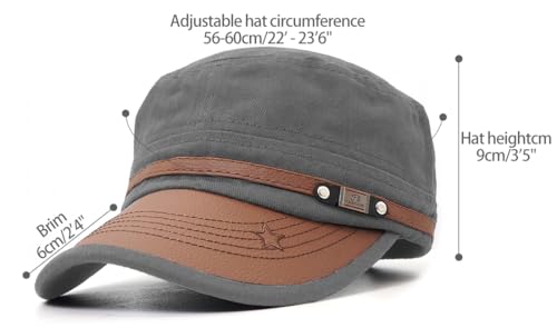 Flat Top Cap for Men Soft Cotton Adjustable Military - color: Grey